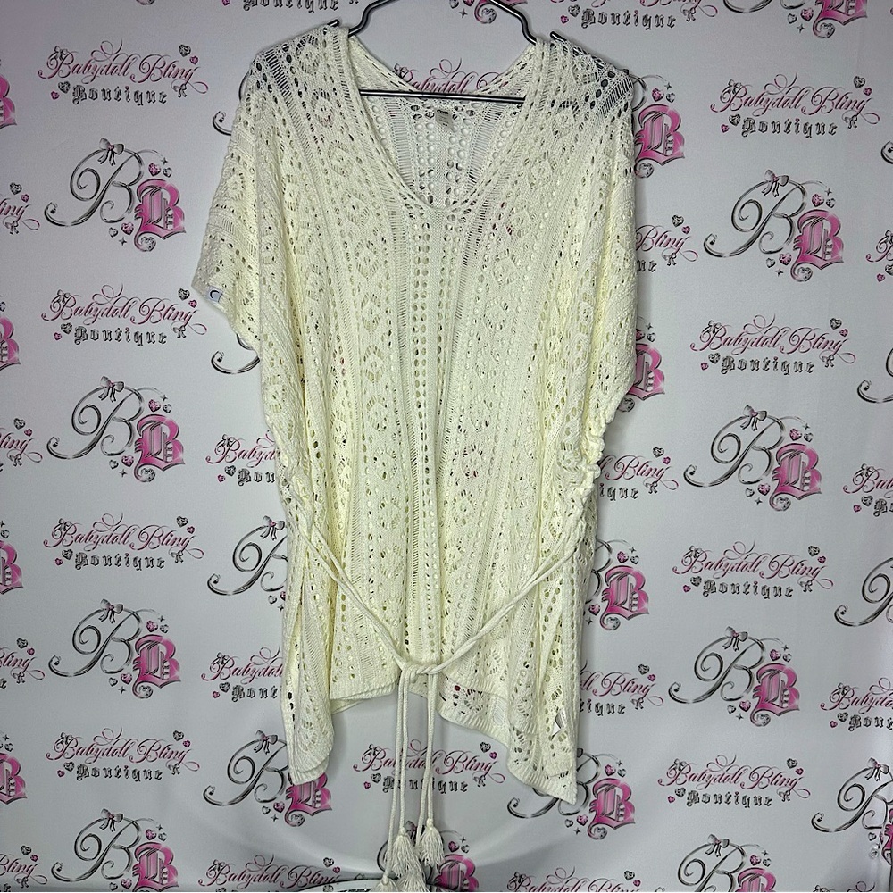 Zyia swimwear coverup dress knit crochet tassle belt comfy classy white cream